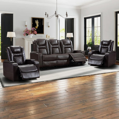 Drennen 3-Piece Power Recliner Home Theater Living Room Set With USB Charging & Storage & Cupholders