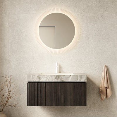 36" Bathroom Vanity, Floating Plywood Cabinet With Drawer & Door, Gray Sintered Stone, Ceramic Basin, Pre - Assembled, Style, Water , Smooth Opening Vanity Sink, Cabinet, Waterproof Door Panels, ,
