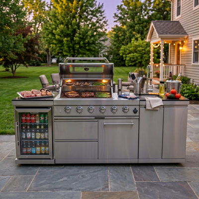 46" Outdoor Kitchen Grill Island, 4-Burner 72,000 BTU Propane Grill With Refrigerator & Storage