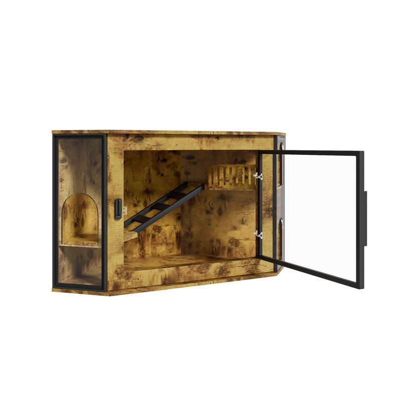 Enceinte de lit de coin 48 "avec lumières à DEL - Meuble de litière moderne caché, porte en acrylique et aire de jeu à plusieurs niveaux
