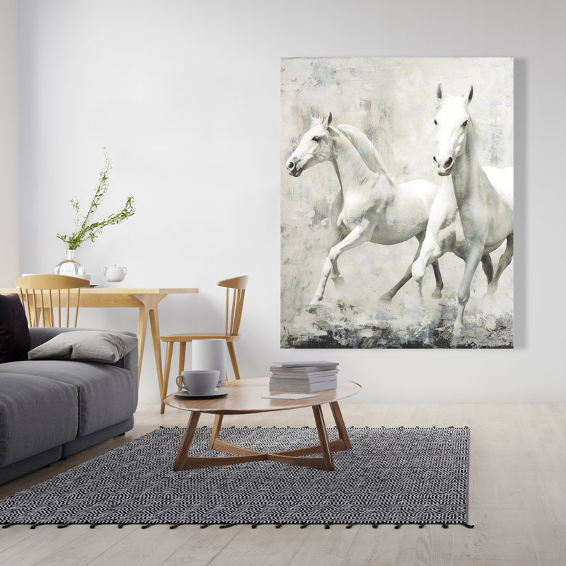 Deux chevaux blancs qui courent - Toile grise décorée d'animaux de ferme