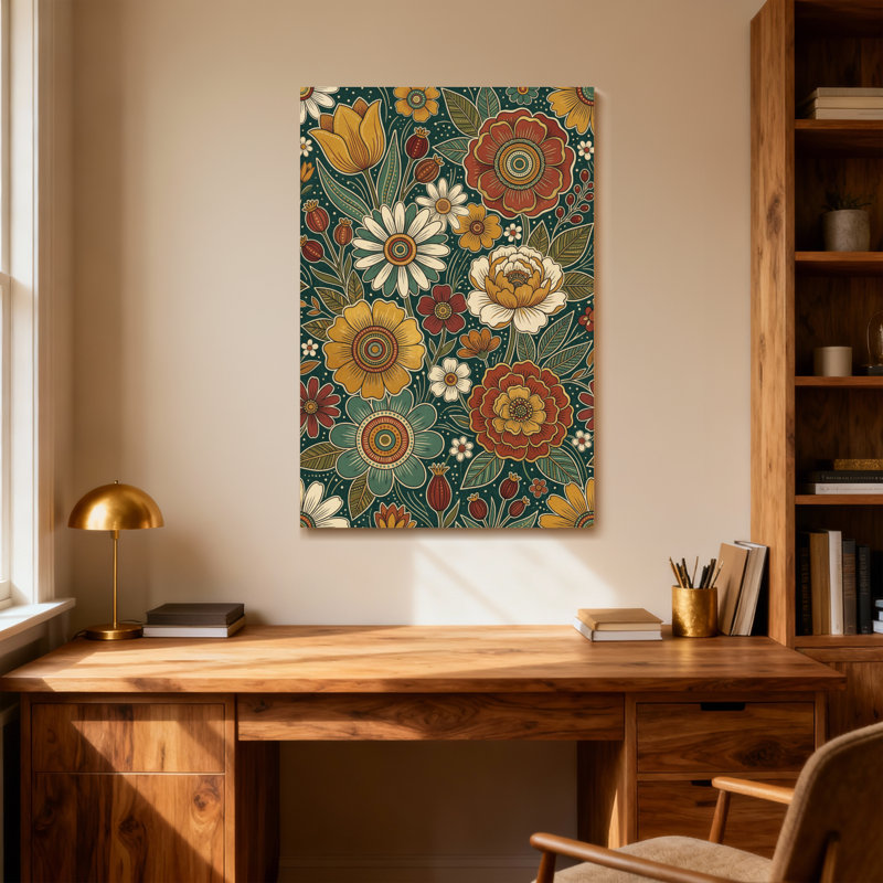 Motif floral de plantes et de fleurs aux couleurs vives et aux détails complexes, H 30 po x l 20 po
