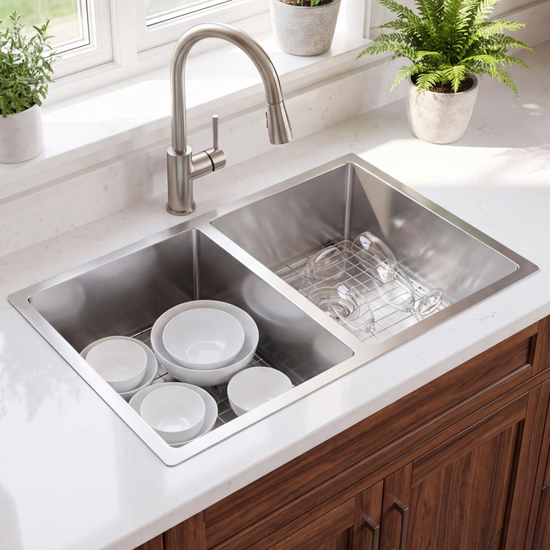 Lavabo de cuisine encastrable 33 po, double cuve faite à la main de calibre 16 en acier inoxydable 304