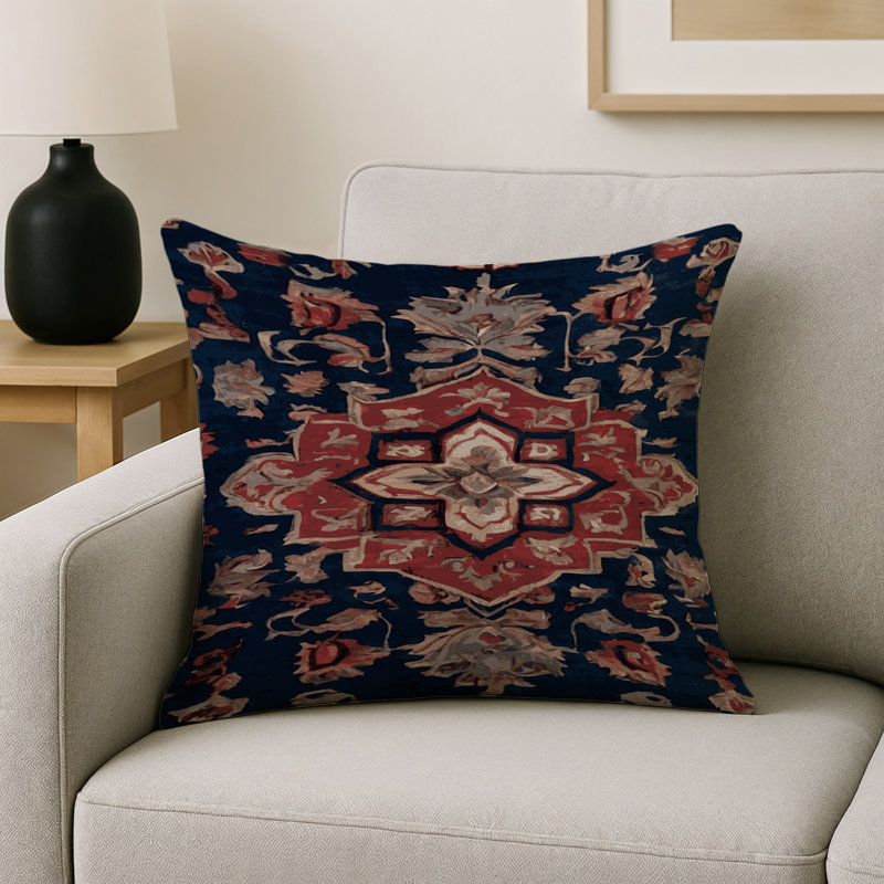Coussin décoratif intérieur et extérieur Modern, Bleu marine / rouge / gris oriental, Carré 16 po