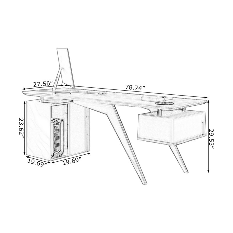 Bureau à 4 tiroirs brun noisette + blanc beige + bois manufacturé rectangulaire champagne + acier au carbone, Retour à droite