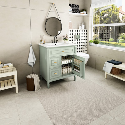 Meuble-lavabo de 30 po avec lavabo, tiroir en bois massif et un tiroir rabattable, tablette réglable, protection contre le débordement, prévention des compartiments peu encombrants, rangement pratique