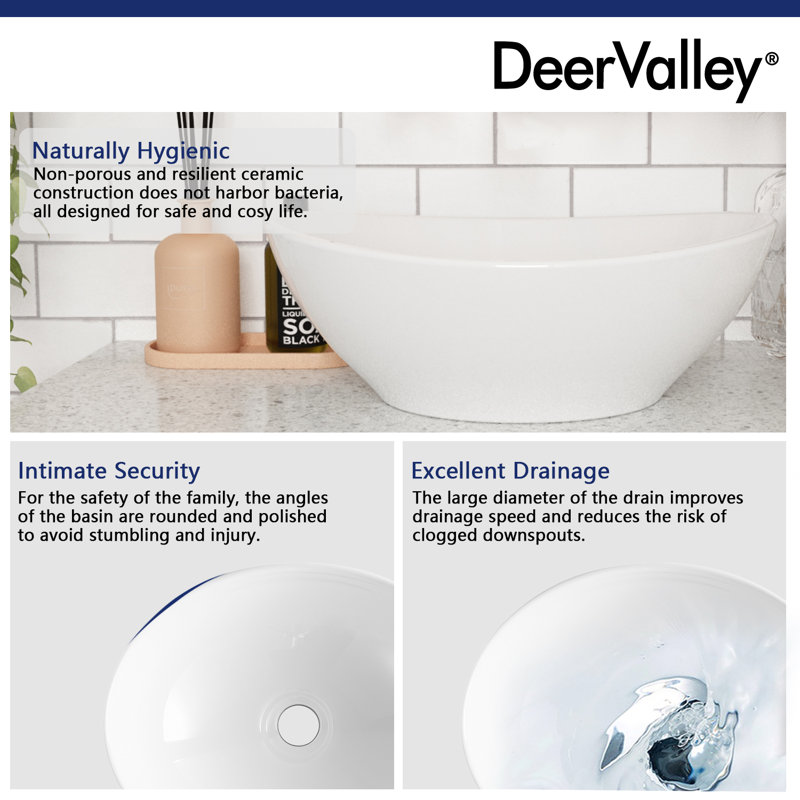 DeerValley 415 x 340 x 150mm White Ceramic Oval Countertop Basin Bathroom Sink