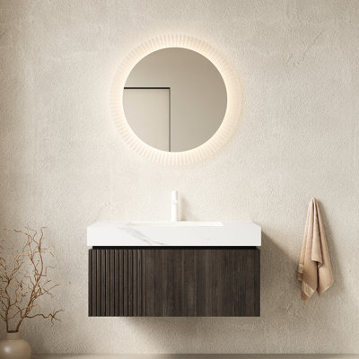 Meuble-lavabo de salle de bain 36 po, unité de contreplaqué flottant, comptoir en pierre frittée blanche, lavabo en céramique, 1 trou de robinet, pré-assemblé, tiroir à eau, glissières de tiroir