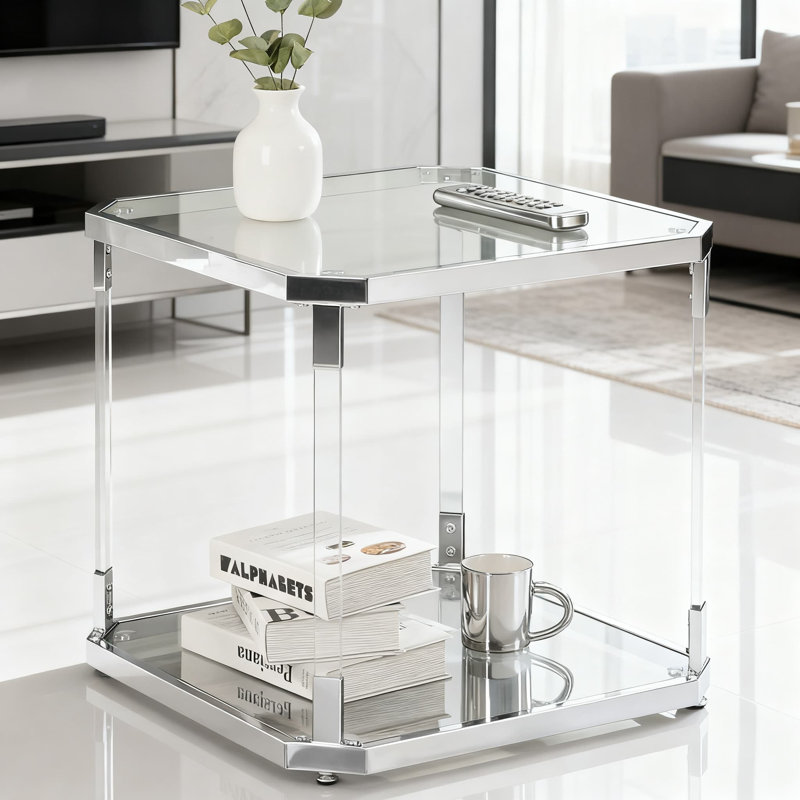 Table de bout en acrylique moderne avec plateau en verre trempé, table de chevet incassable pour le salon et la chambre à coucher, table d'appoint avec rangement à plusieurs niveaux