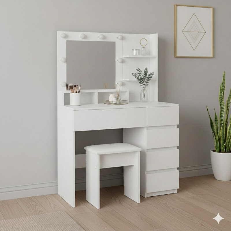 Vanity Set, A Makeup Vanity Desk With Mirror And Light. This Dressing Table Offers Extensive Storage, Three Lighting Modes With Adjustable Brightness, In White And Includes A Stool.