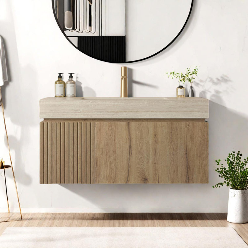 Meuble-lavabo mural 36 po avec lavabo, comptoir en travertin et armoire de rangement 36 po
