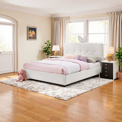 Lit tapissier élégant pour enfants avec tête de lapin, lumières DEL et 4 tiroirs de rangement - tissu doux et bouclé, rose
