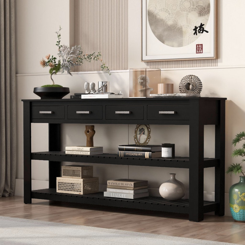 Console 62,2 po avec 4 tiroirs et 2 tablettes, Noir
