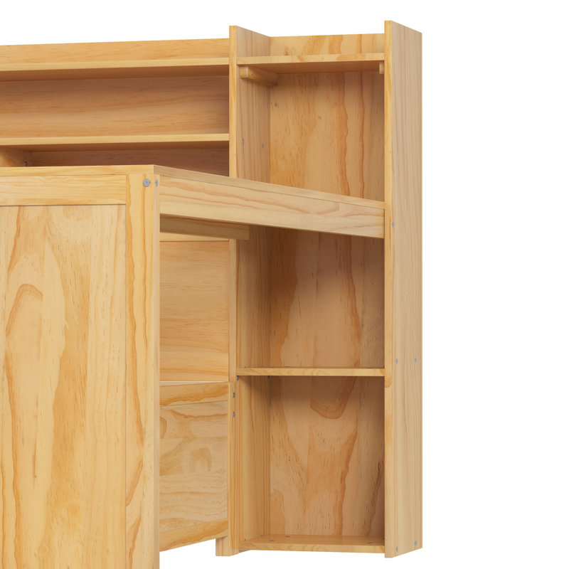 Lit de jour en bois naturel avec rangement efficace et bureau pour un espace de travail fonctionnel, Naturel