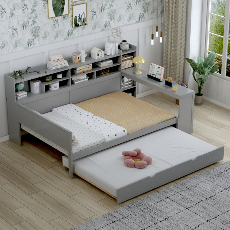 Lit de jour avec tablettes de rangement, lit multifonctionnel avec lit gigogne simple et bureau d'étude, gris, Complet/Double