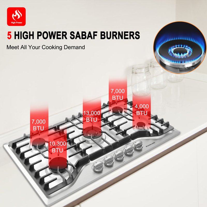 Gasland Chef 36" 5 Burner Gas Cooktop with Reversible Cast Iron Grill/Griddle, NG/LPG Convertible
