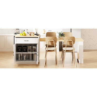 82.7 Inch Kitchen Island With Extendable Table For 2-6, White Wood Grain, Double Storage, Power Outlet, 2 Side Shelves, Strong Base Dining 4-6 Persons