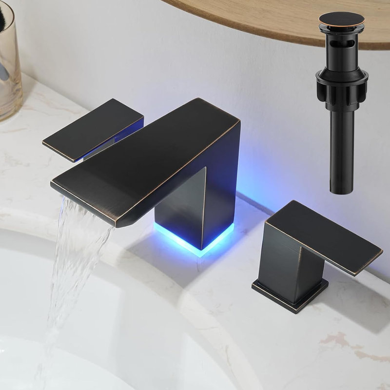 LED Oil Rubbed Bronze Waterfall Bathroom Faucet, 8" Widespread 3-Hole Vanity Sink Faucet with Dual Handles, Pop-Up Drain & Supply Lines