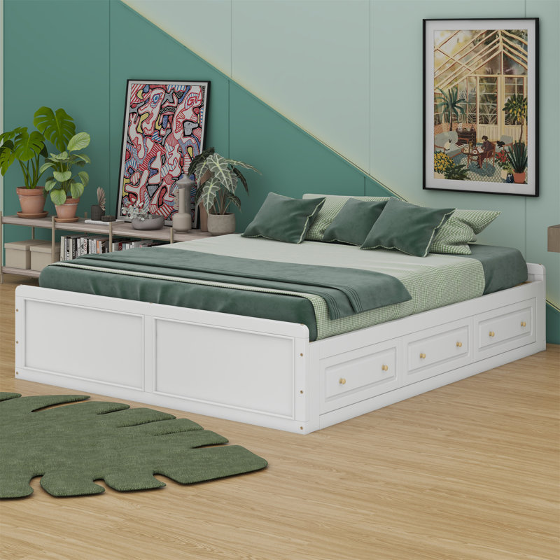 Structure de lit plateforme en bois avec 6 tiroirs, Blanc