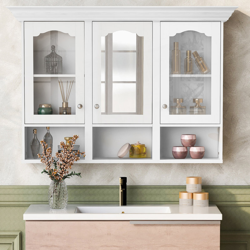 Armoire de salle de bain murale avec miroir, armoire avec 3 tablettes réglables et 3 compartiments ouverts