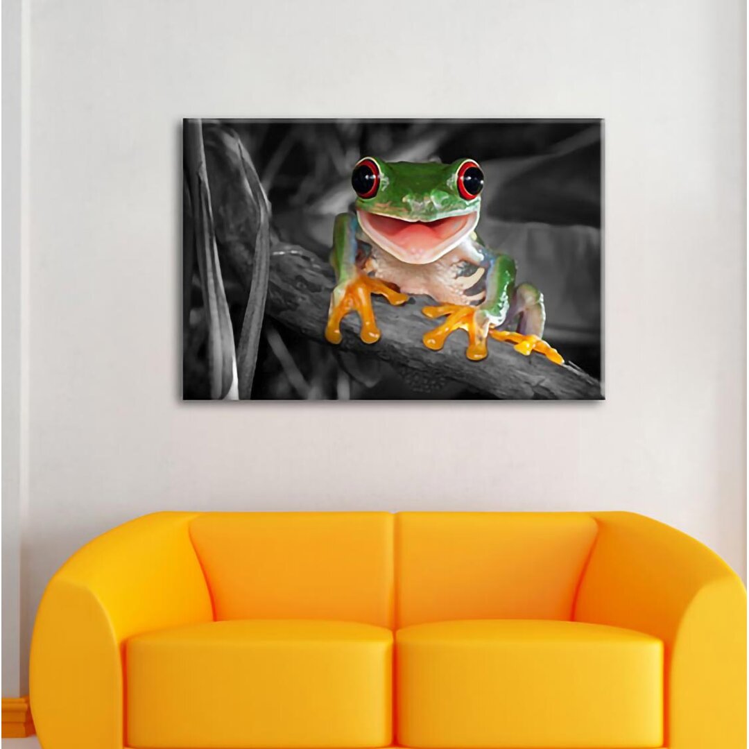 Leinwandbild Lachender Frosch mit roten Augen auf Zweig S/W Detail