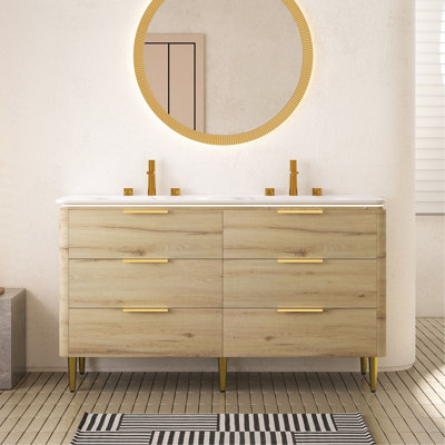 Meuble-lavabo de 60 po avec lavabo encastré en contreplaqué à bords arrondis avec 6 tiroirs, lavabo intégré en pierre frittée blanc de Carrare, pré-assemblé, couleur grain de bois de chêne blanc