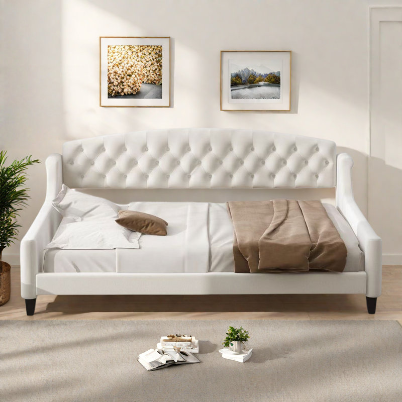 Modern Daybed With Tufted Button And Solid Legs, Beige