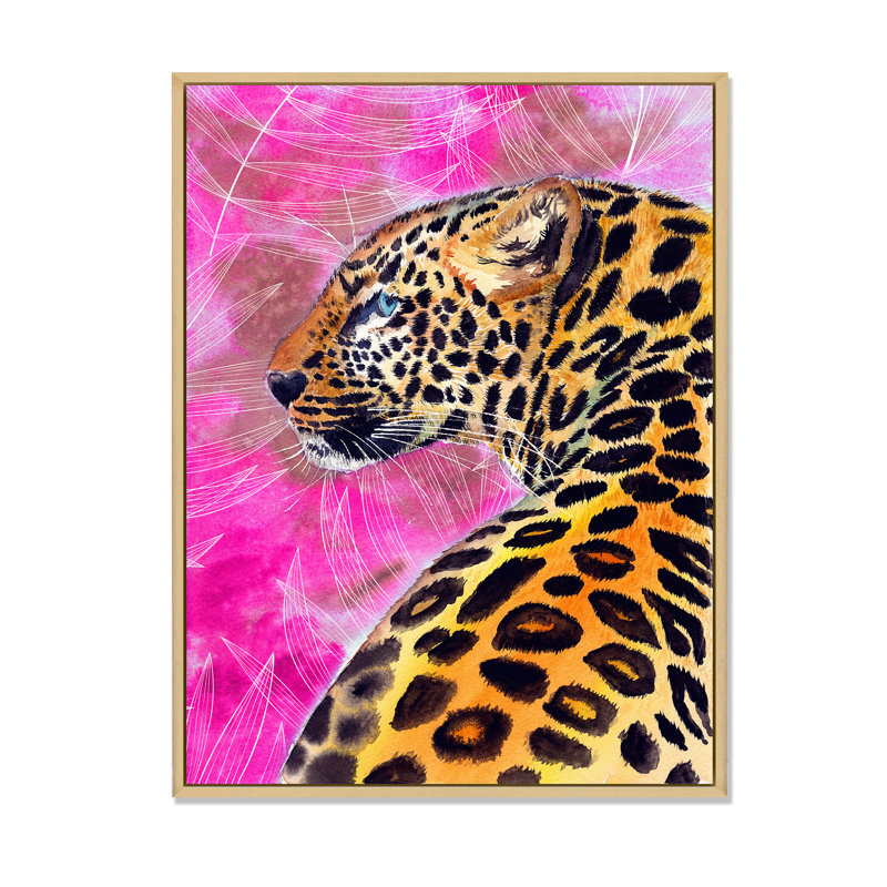 Léopard doré avec taches noires sur fond rose - reproduction sur toile, H 32 po x l 16 po, Reproduction avec cadre flottant
