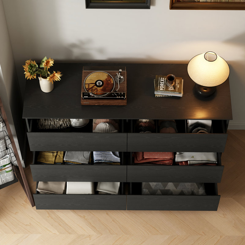 6 Drawer Double Dresser, 47.5" W Modern Wood Chest With Deep Drawers For Bedroom, Black