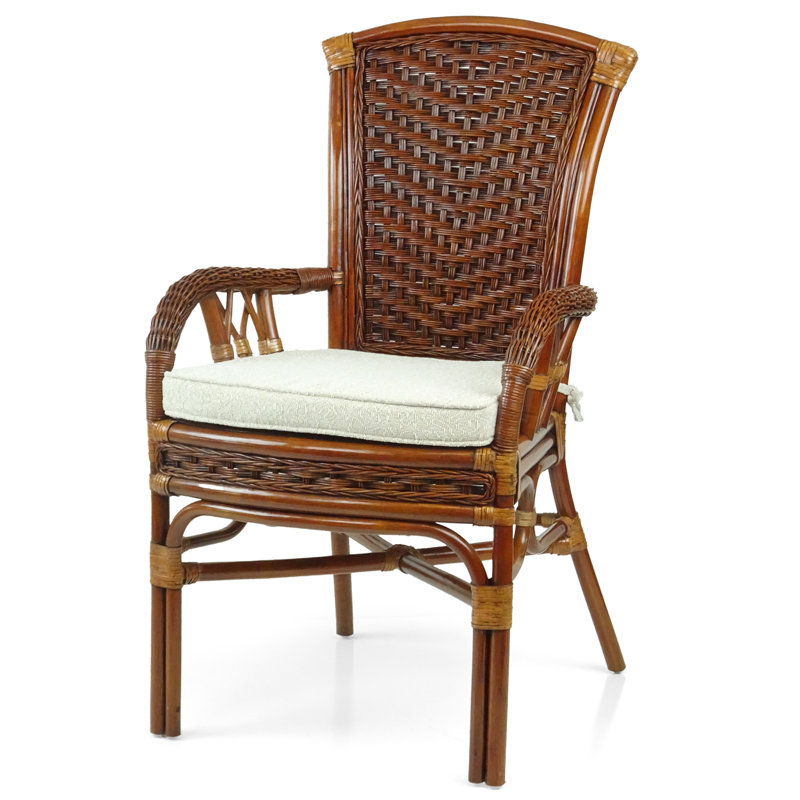 Delberta Dining Armchair Chair Natural Rattan Wicker Handmade Design With Cushion, Dark Walnut  Color, Dark Walnut/White