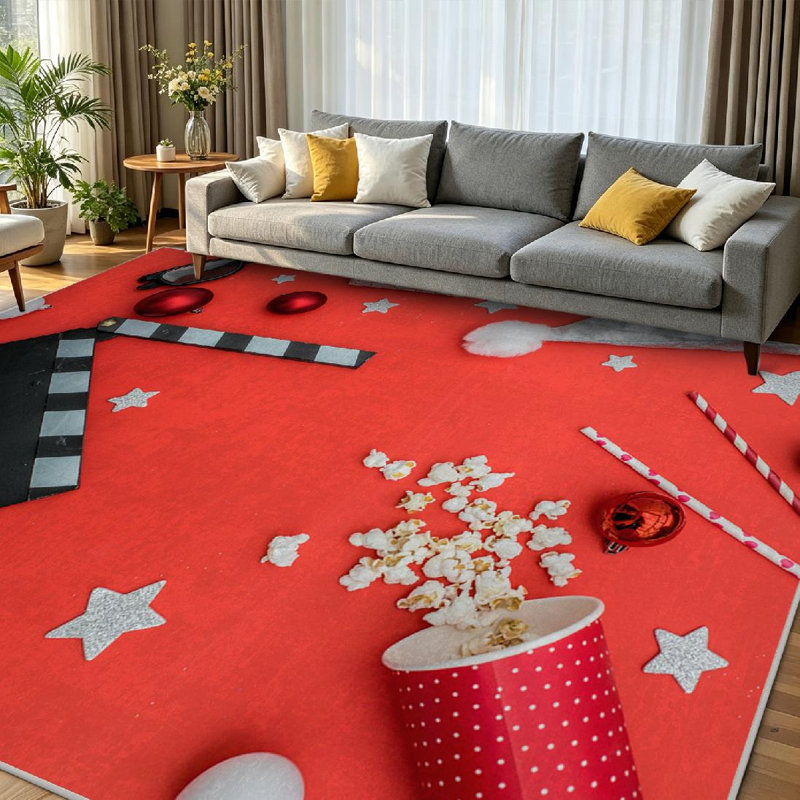 Tapis intérieur rouge lavable à la machine, motif billets de cinéma, clap de cinéma et popcorn, Rectangle 71 po x 98 po