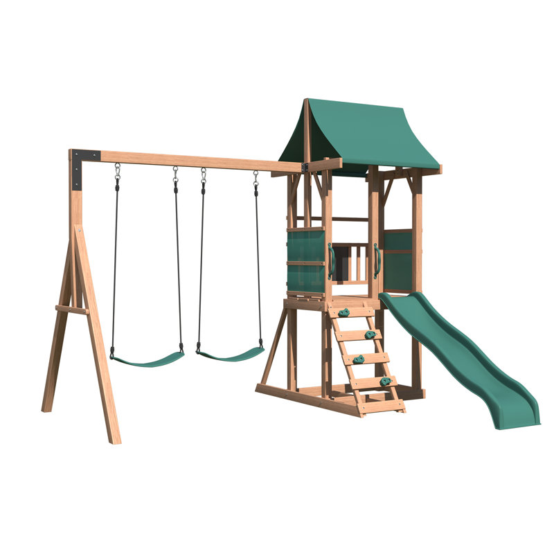 Swing Sets For Backyard, 4-in-1 Outdoor Swing Set With Slide, Climbing Rock Wall, And Soft Cushion Swings For Backyard Playground