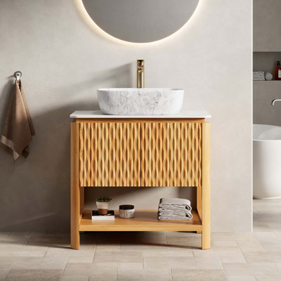 Meuble-lavabo autoportant avec comptoir en pierre frittée et vasque en céramique