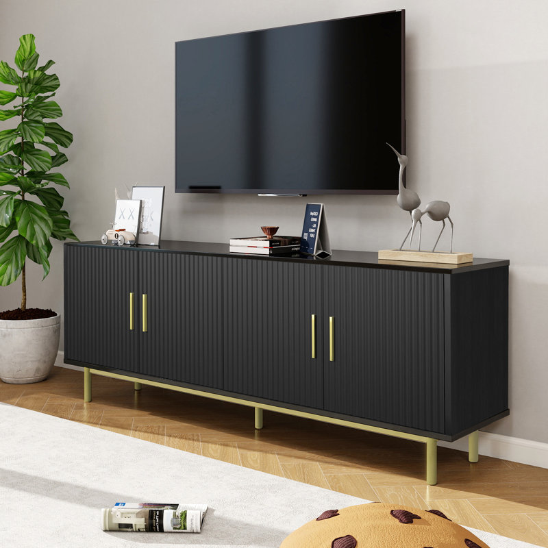 70'' Media Console, TV Stand for TVs up to 80'', Heavy Duty Metal Base, Black/Gold