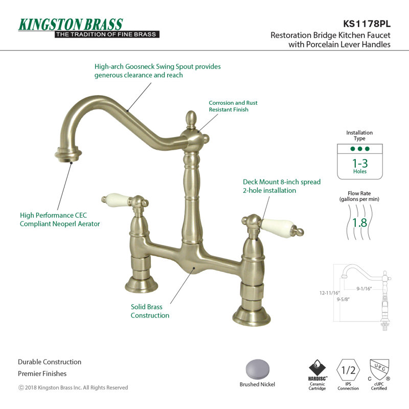 Kingston Brass Heritage Two-Handle 2-Hole Deck Mount Bridge Kitchen Faucet, Brushed Nickel