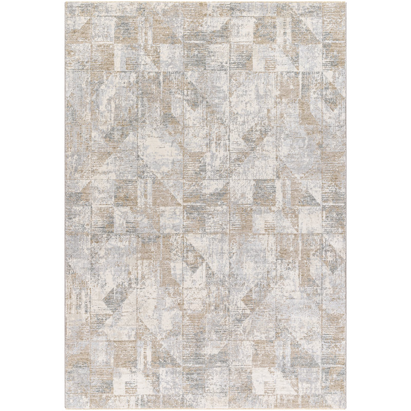 Tapis gris / beige en polypropylène tissé à la machine à motif abstrait Avia, Tapis de couloir 2 pi 7 po x 10 pi