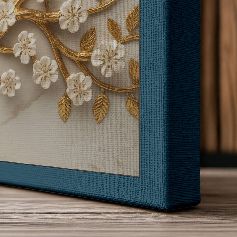 Flowering Tree Relief Botanical - Wrapped Canvas, 36x24 - 91.4 x 61.0 cm, Teal Border