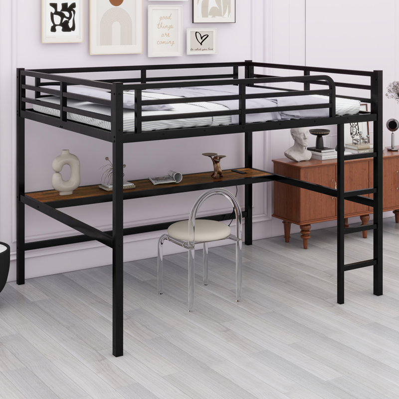 Metal Loft Bed With Power Outlet And LED Lighted, Space-Saving, Black