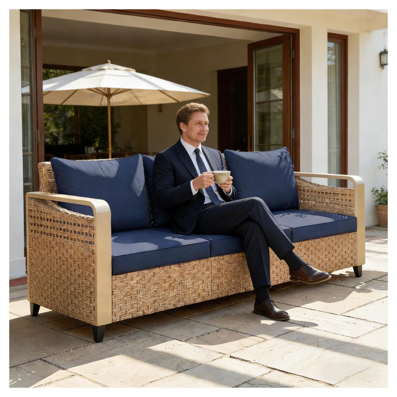 Canapé d'extérieur robuste avec osier en polyéthylène résistant aux intempéries et structure en métal, capacité de 792 lb, canapé en rotin brun avec coussins en mélange de coton bleu foncé pour terrasse de jardin (3 places, 76,4 pouces)