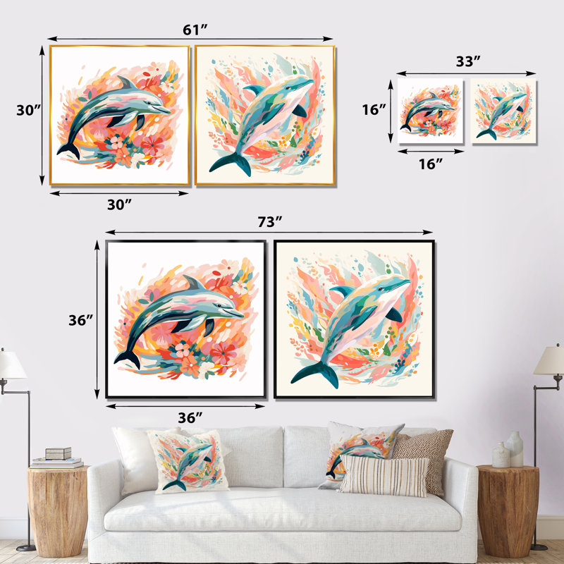 «Dive Dolphins Grace I - Dolphin», ensemble de 2 reproductions d'art sur toile, Toile tendue, H 16 po x l 33 po x P 1 po