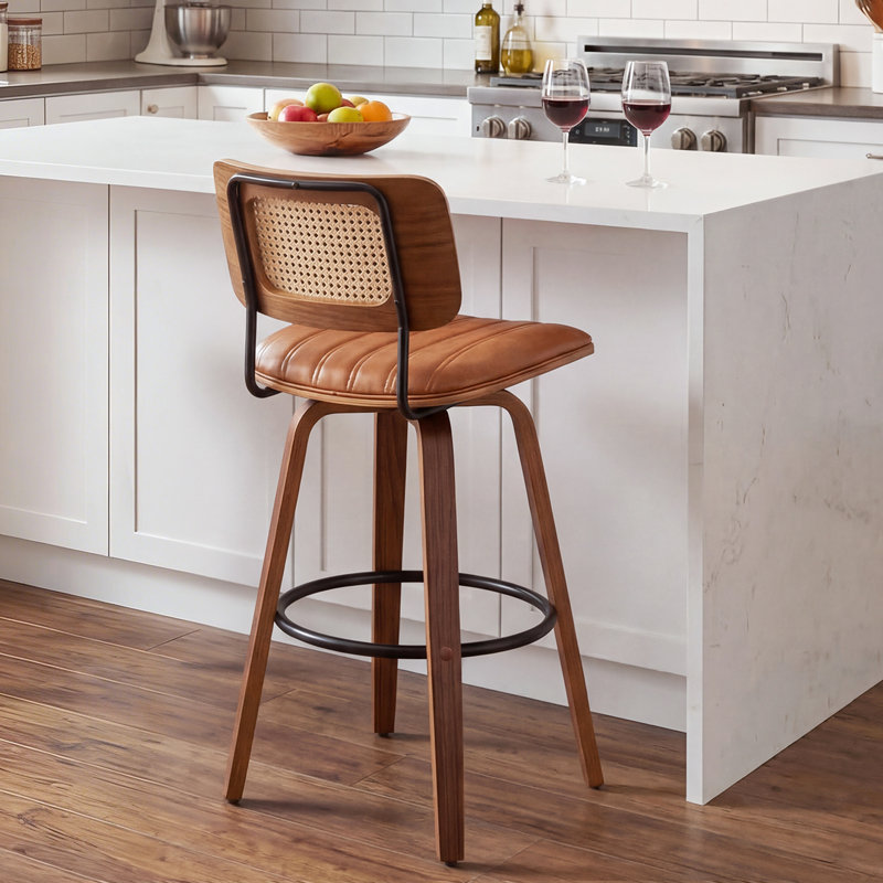 Valerie Swivel Wooden Rattan Faux Leather Bar Stool, Brown, Counter Stool (25" Seat Height)