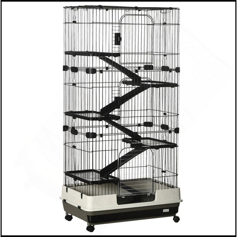 Cage pour petits animaux 60 po avec roulettes, cage à 6 niveaux portable, cage de furet Chinchilla avec plateau amovible, plateformes et rampes, noir