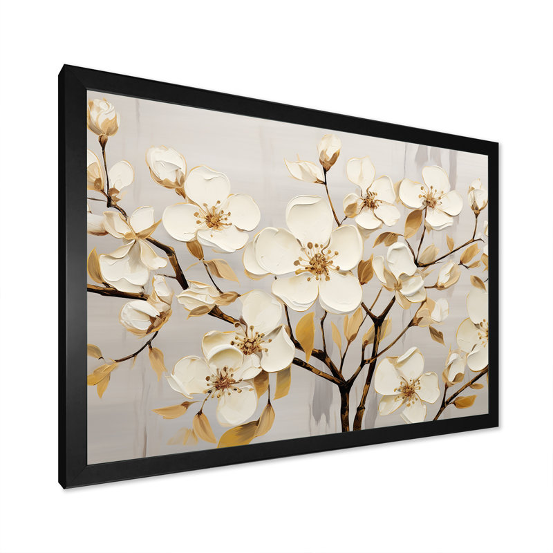 Dogwood Peacefulness sur toile or blanc, Cadre d'angle fermé noir, H 34 po x l 44 po x P 1,5 po