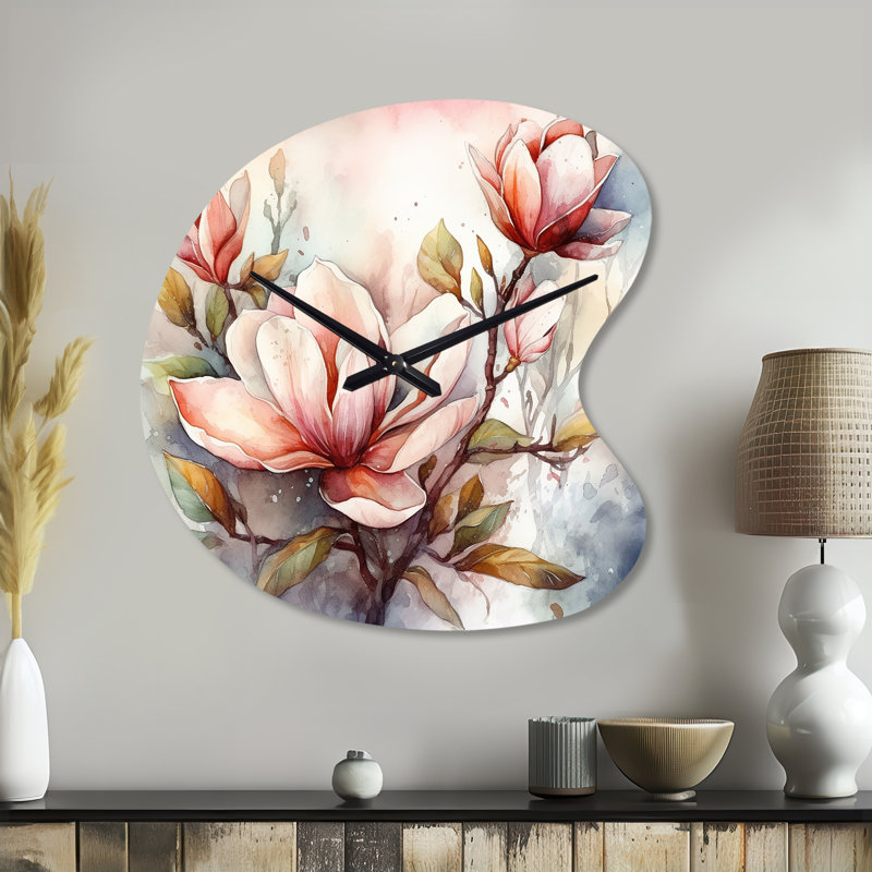 Red Magnolia Symphony - Magnolias, forme unique, horloge murale en métal, impression traditionnelle asymétrique, Petit