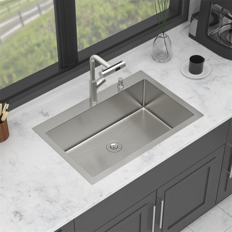 30" Drop-In Kitchen Sink With Pull-Out Faucet And Soap Dispenser - 30 X 22 X 10 Inch Single Bowl 16 Gauge Stainless Steel Topmount Kitchen Sink Basin