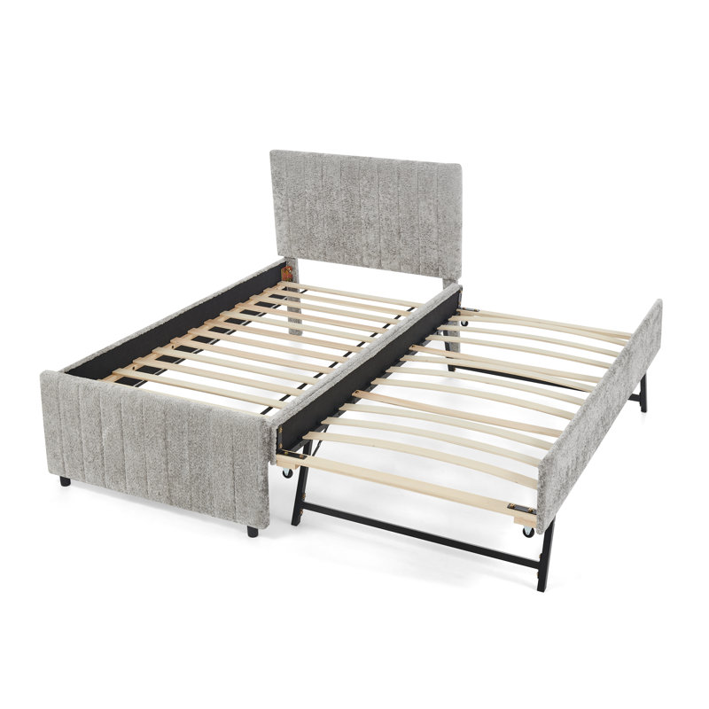 Upholstered Platform Bed with Trundle, Convertible Bed Frame & 2-in-1 Bed with Tufted Headboard for Guest Room, No Box Spring Needed, Twin Size， Grey[with Trundle]