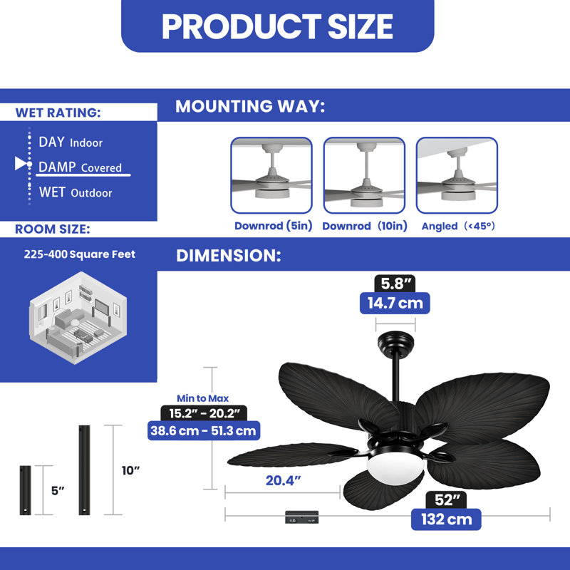Akam 52'' Ceiling Fan with LED Lights, and 5 Tropical Blades, Gray