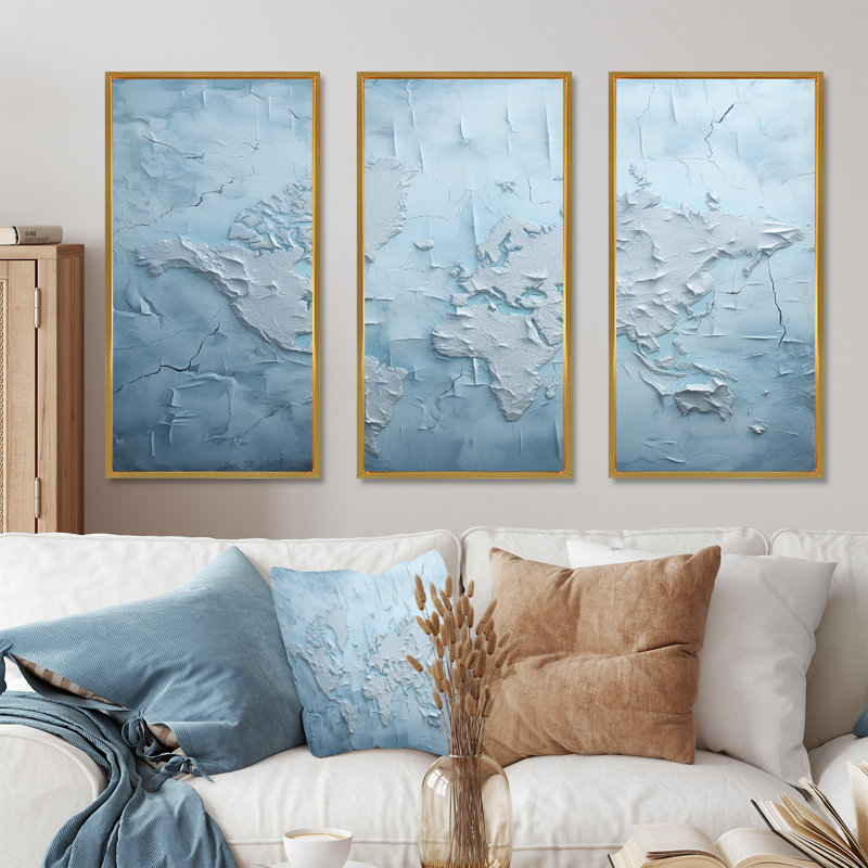 «Ice Age World Map I - World Map», reproduction d'art, Cadre flottant doré, H 40 po x l 60 po x P 1 po