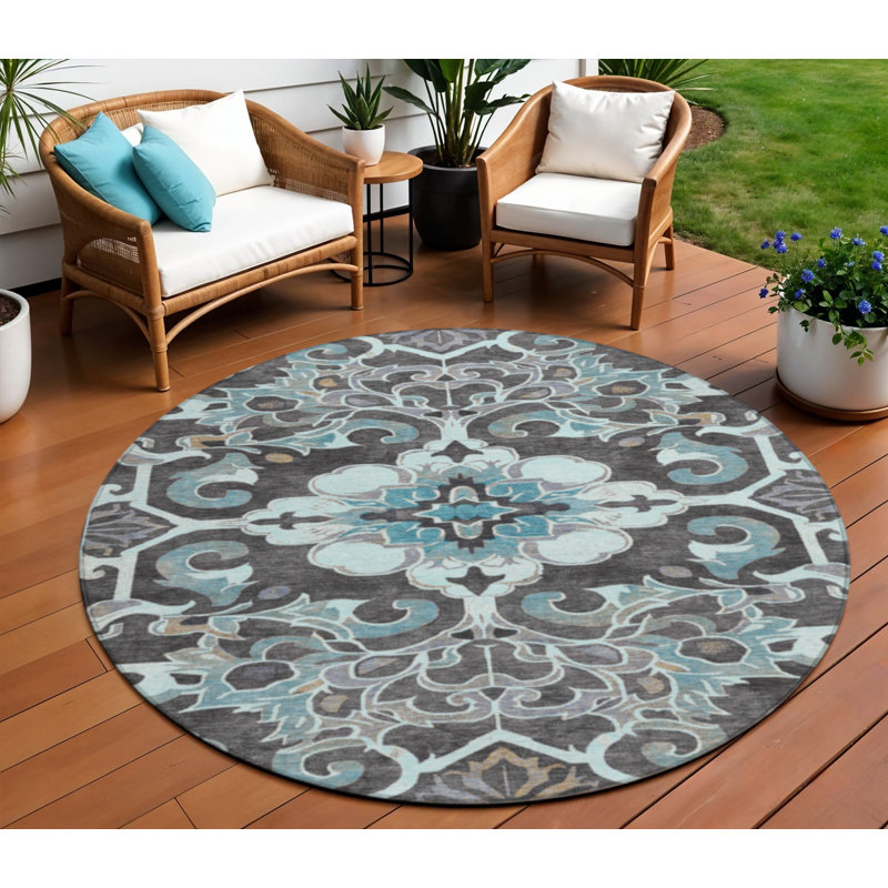Tapis intérieur lavable rond 8 pi bleu sarcelle et gris anthracite