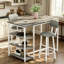 Ensemble de table de bar 3 pièces à hauteur de comptoir avec tablettes de rangement ouvertes à 3 niveaux, ensemble de table de salle à manger avec 2 tabourets rembourrés avec dossier et repose-pieds, ensemble d'îlot de cuisine compact pour petits espaces-1894061044-1894061045